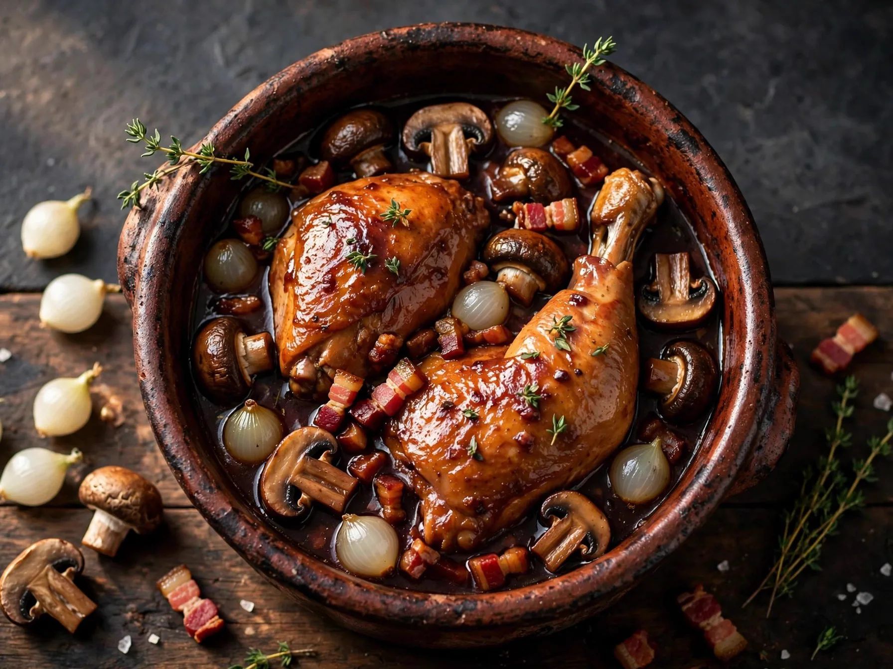 كوك أو فان، دجاج مطهو في نبيذ أحمر مع فطر وبصل صغير