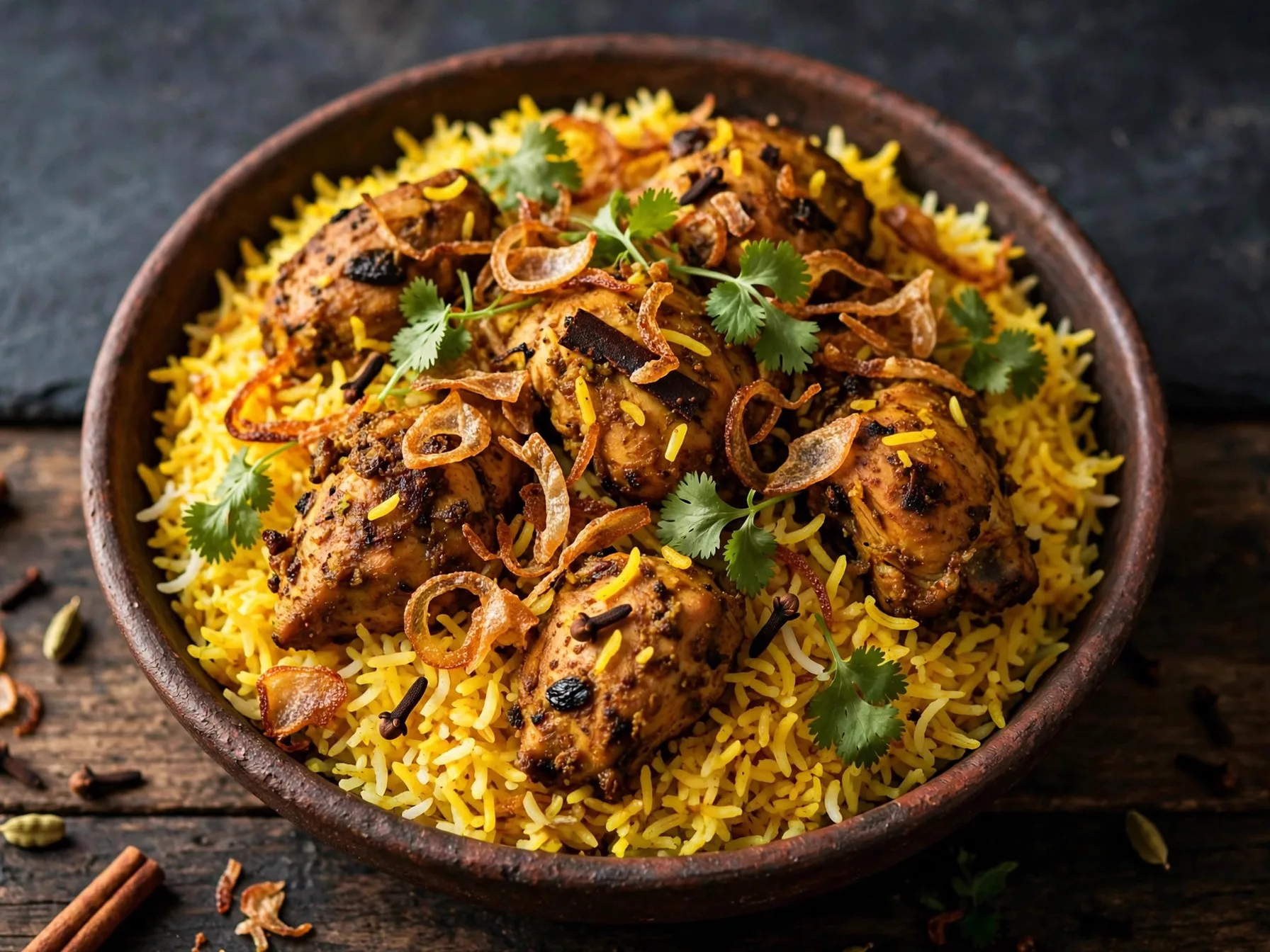 A large plate of chicken biryani with saffron rice, fresh coriander and onion