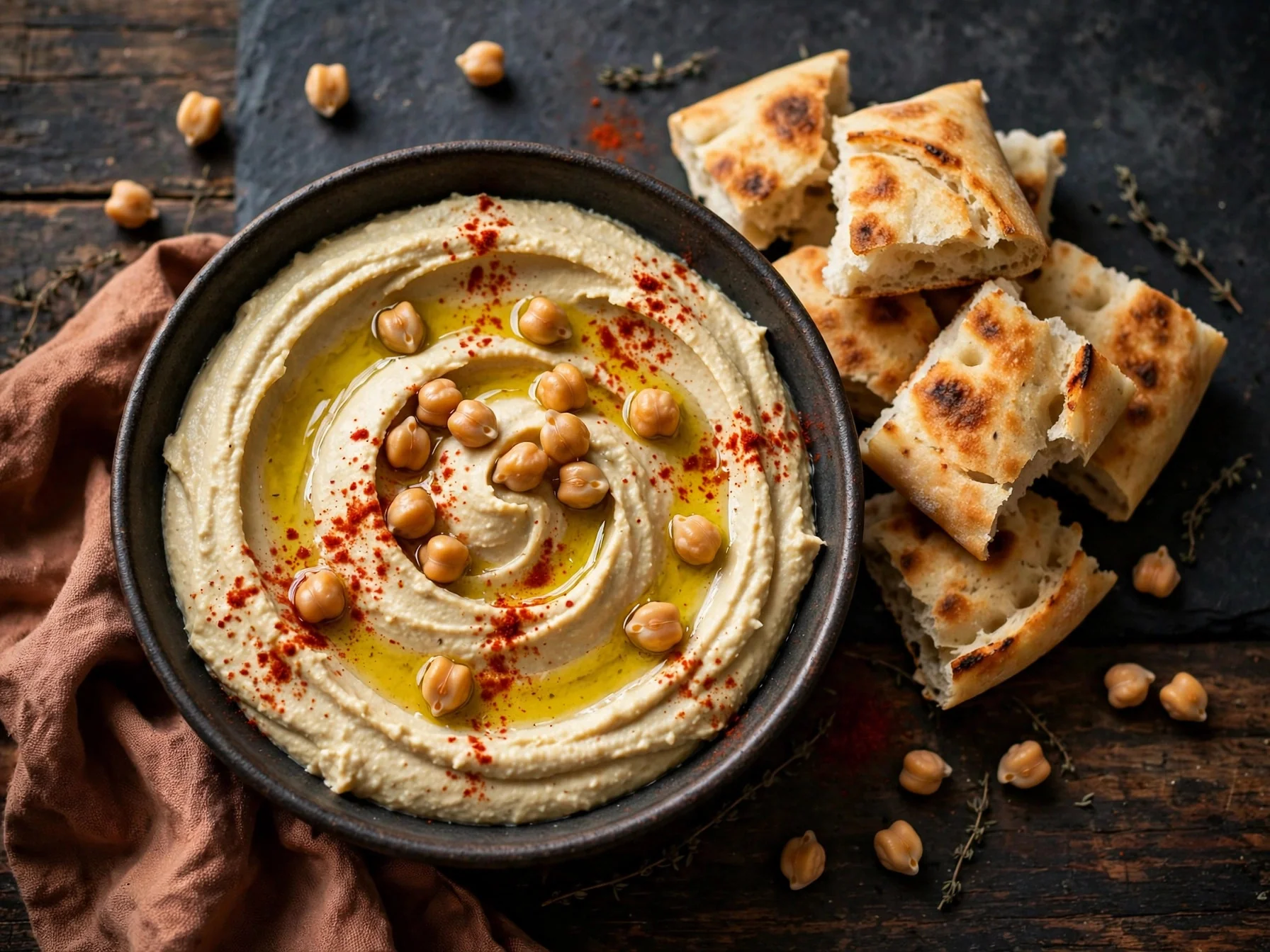 وعاء حمص ناعم مع زيت زيتون وحمص وأعشاب