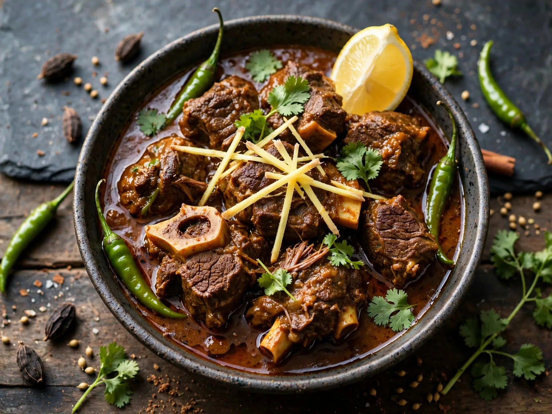 A bowl of beef nihari with deep masala and ginger
